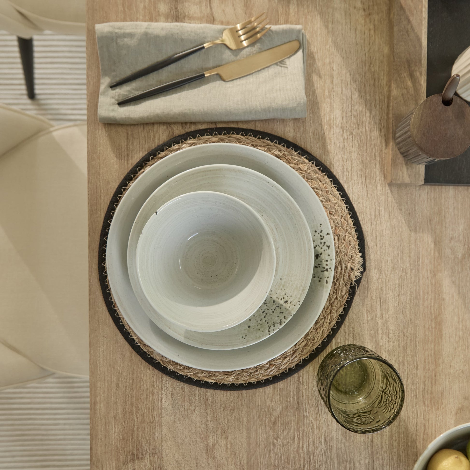 Atlas 160cm Chalked Mango Wood Dining Table Set - 6 Seater - Dolly Dining Chairs - Oyster White - Black Legs - Laura James