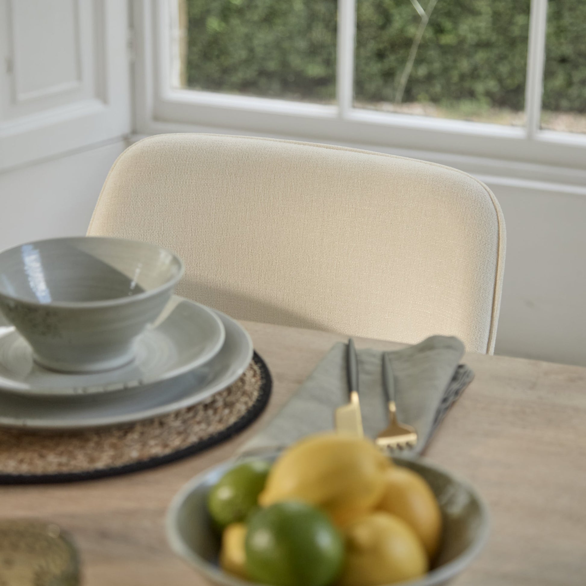Atlas 160cm Chalked Mango Wood Dining Table Set - 6 Seater - Dolly Dining Chairs - Oyster White - Black Legs - Laura James