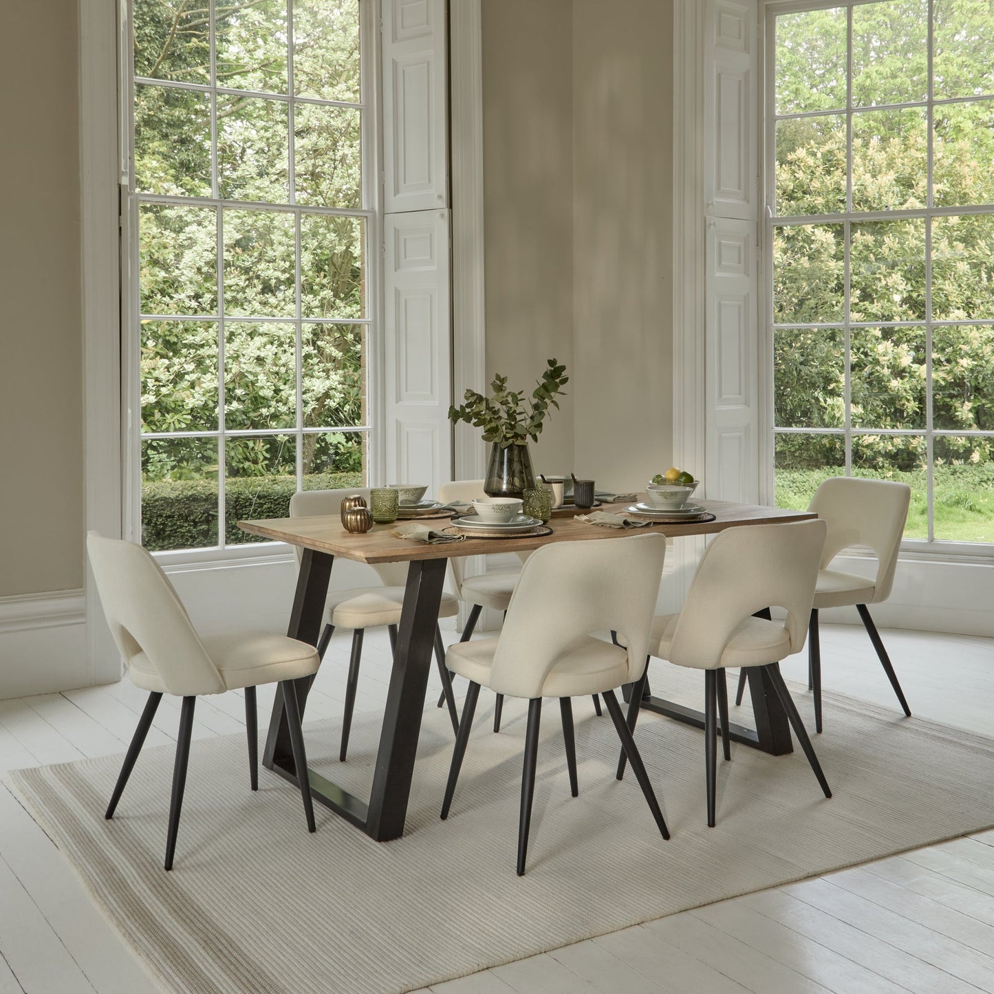 Atlas 160cm Chalked Mango Wood Dining Table Set - 6 Seater - Dolly Dining Chairs - Oyster White - Black Legs - Laura James