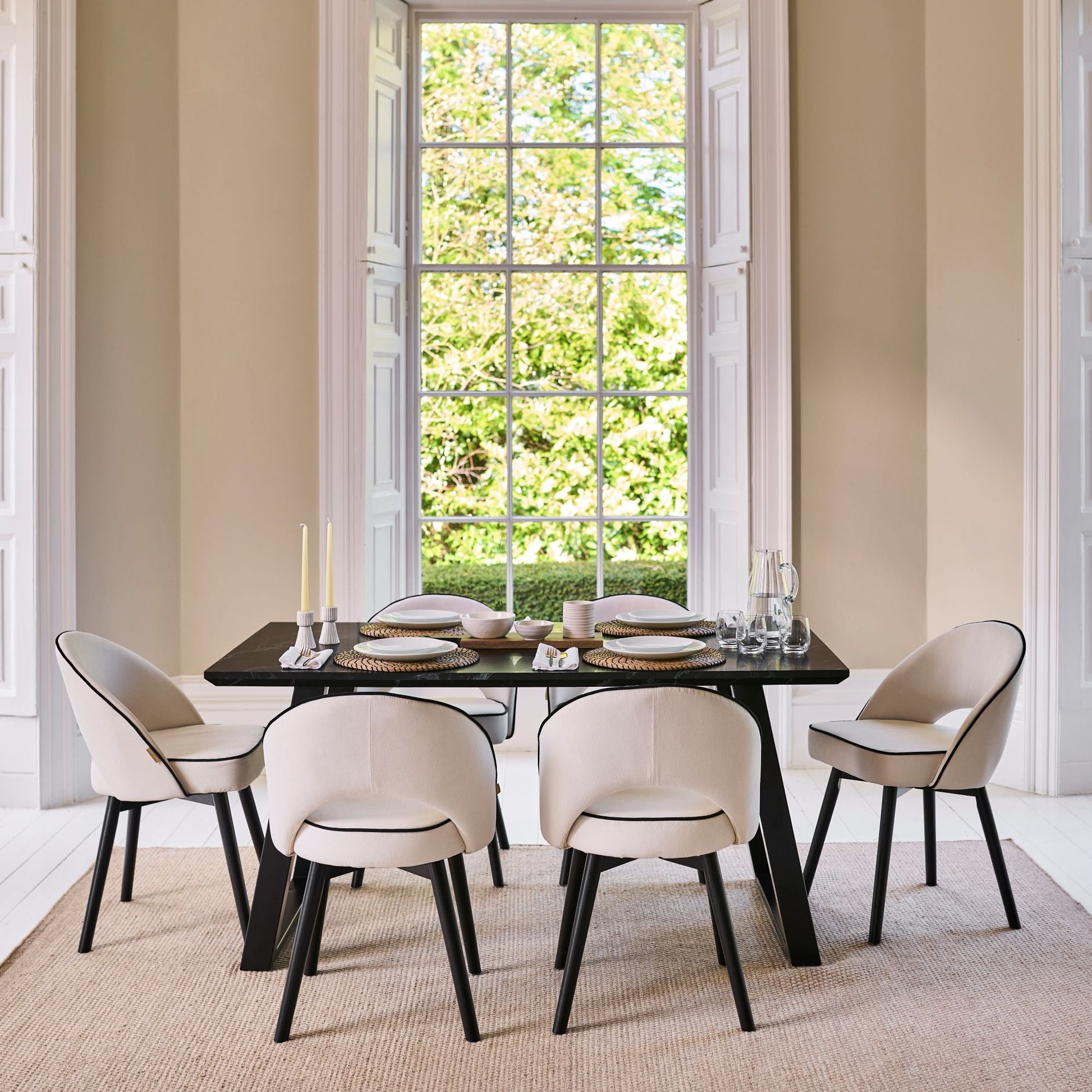 Atlas 160cm Black Marble Veneer Dining Table Set - 6 Seater - Marilyn Dining Chairs - Ivory - Black Piping & Black Legs - Laura James