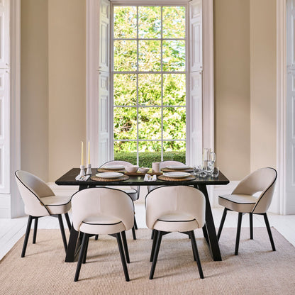 Atlas 160cm Black Marble Veneer Dining Table Set - 6 Seater - Marilyn Dining Chairs - Ivory - Black Piping & Black Legs - Laura James