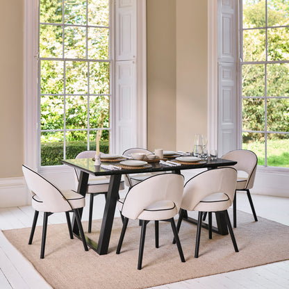 Atlas 160cm Black Marble Veneer Dining Table Set - 6 Seater - Marilyn Dining Chairs - Ivory - Black Piping & Black Legs - Laura James