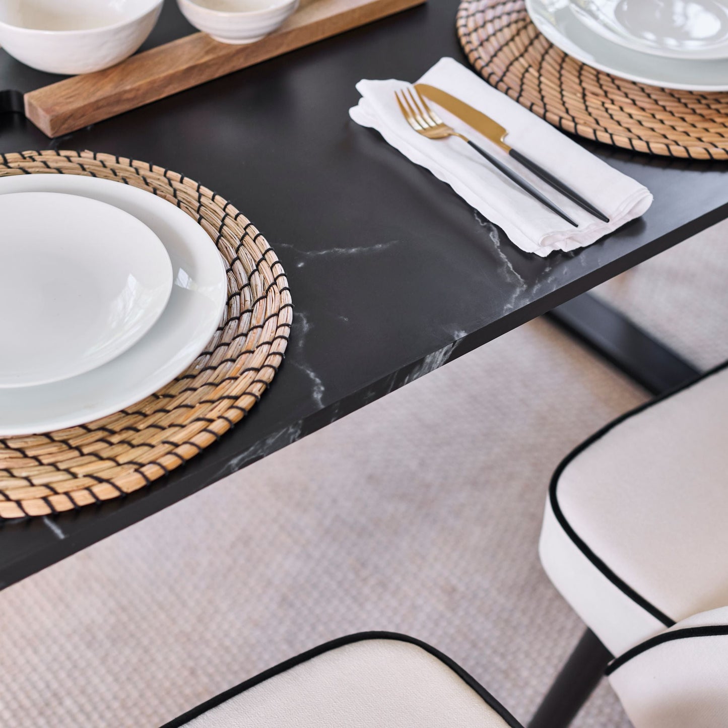 Atlas 160cm Black Marble Veneer Dining Table Set - 6 Seater - Marilyn Dining Chairs - Ivory - Black Piping & Black Legs - Laura James