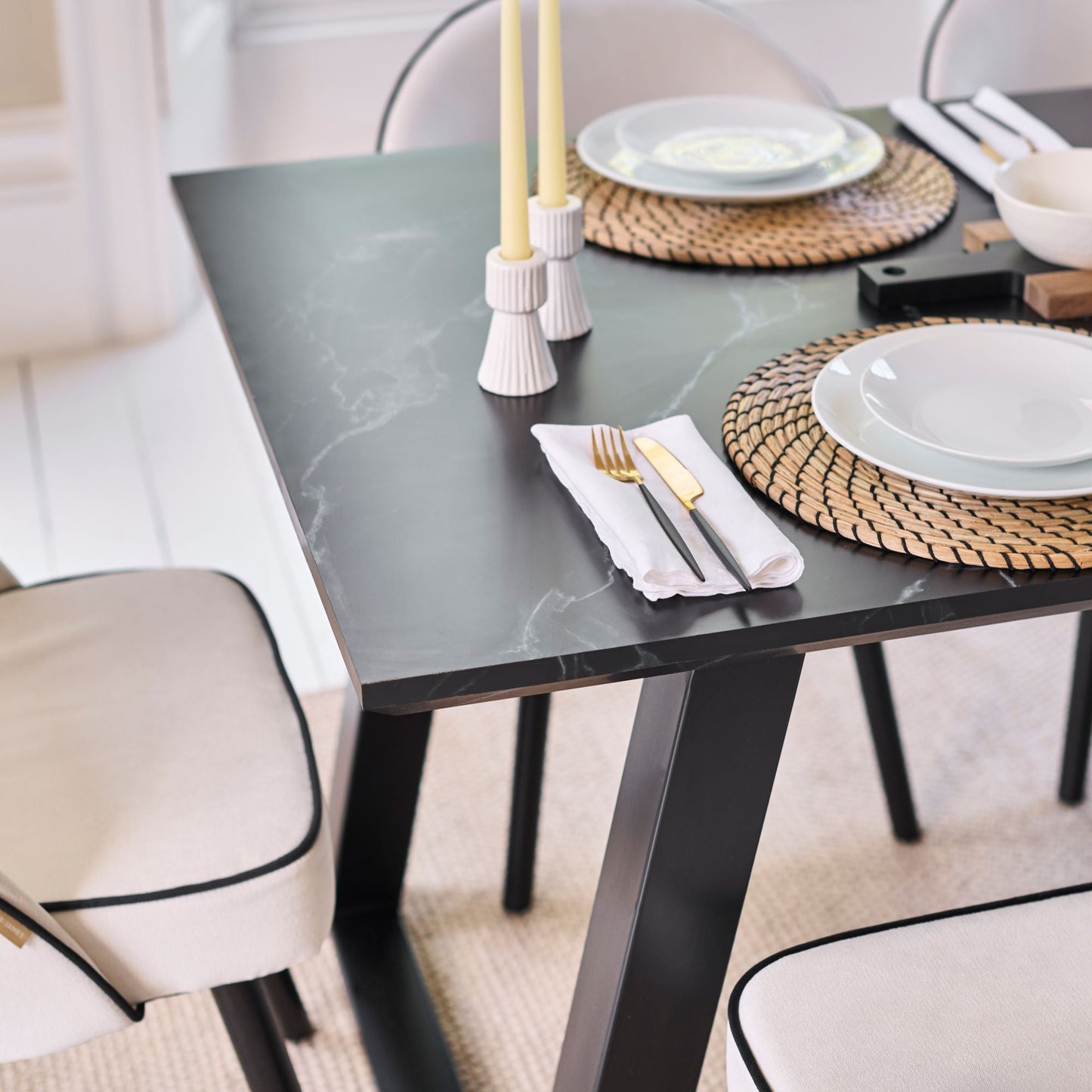 Atlas 160cm Black Marble Veneer Dining Table Set - 6 Seater - Marilyn Dining Chairs - Ivory - Black Piping & Black Legs - Laura James