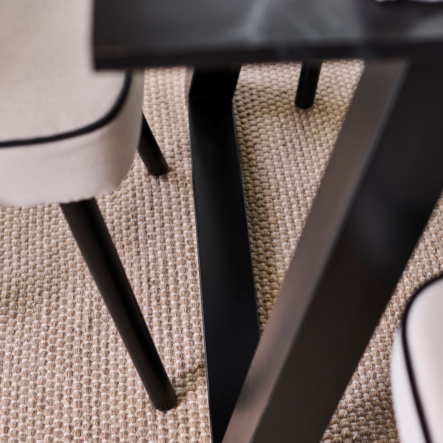 Atlas 160cm Black Marble Veneer Dining Table Set - 6 Seater - Marilyn Dining Chairs - Ivory - Black Piping & Black Legs - Laura James