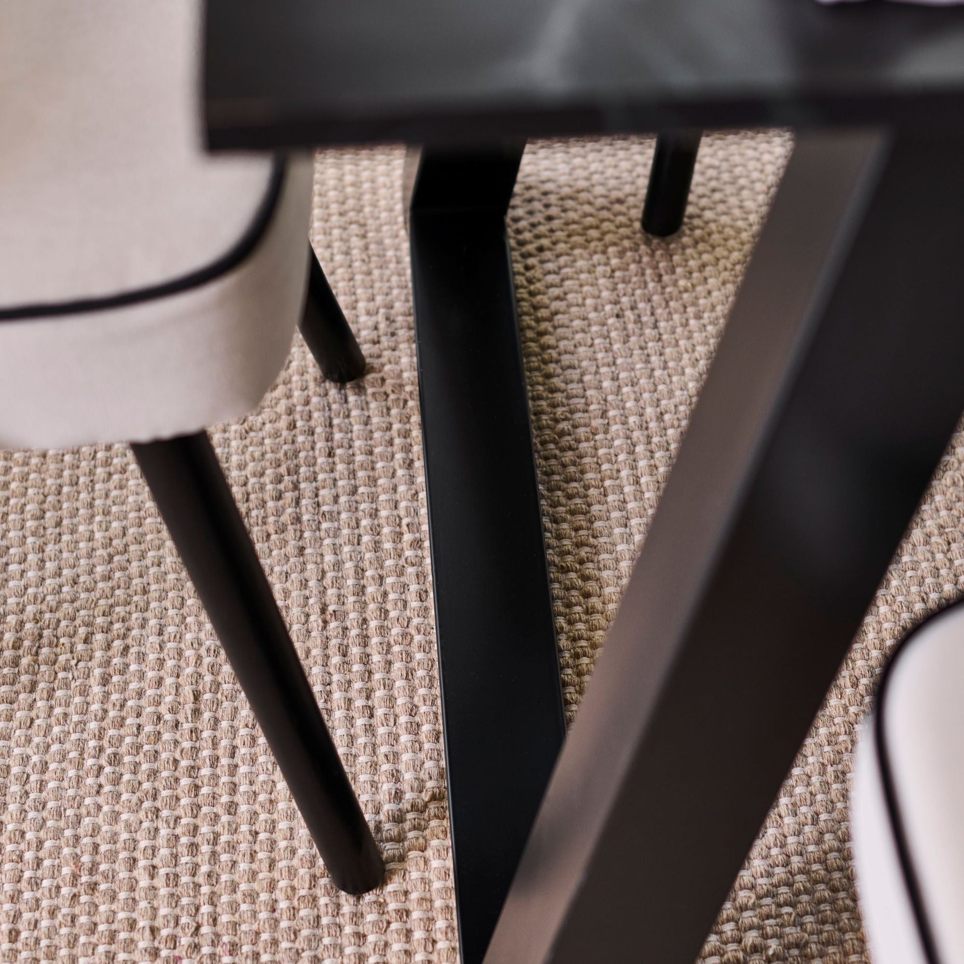 Atlas 160cm Black Marble Veneer Dining Table Set - 6 Seater - Marilyn Dining Chairs - Ivory - Black Piping & Black Legs - Laura James