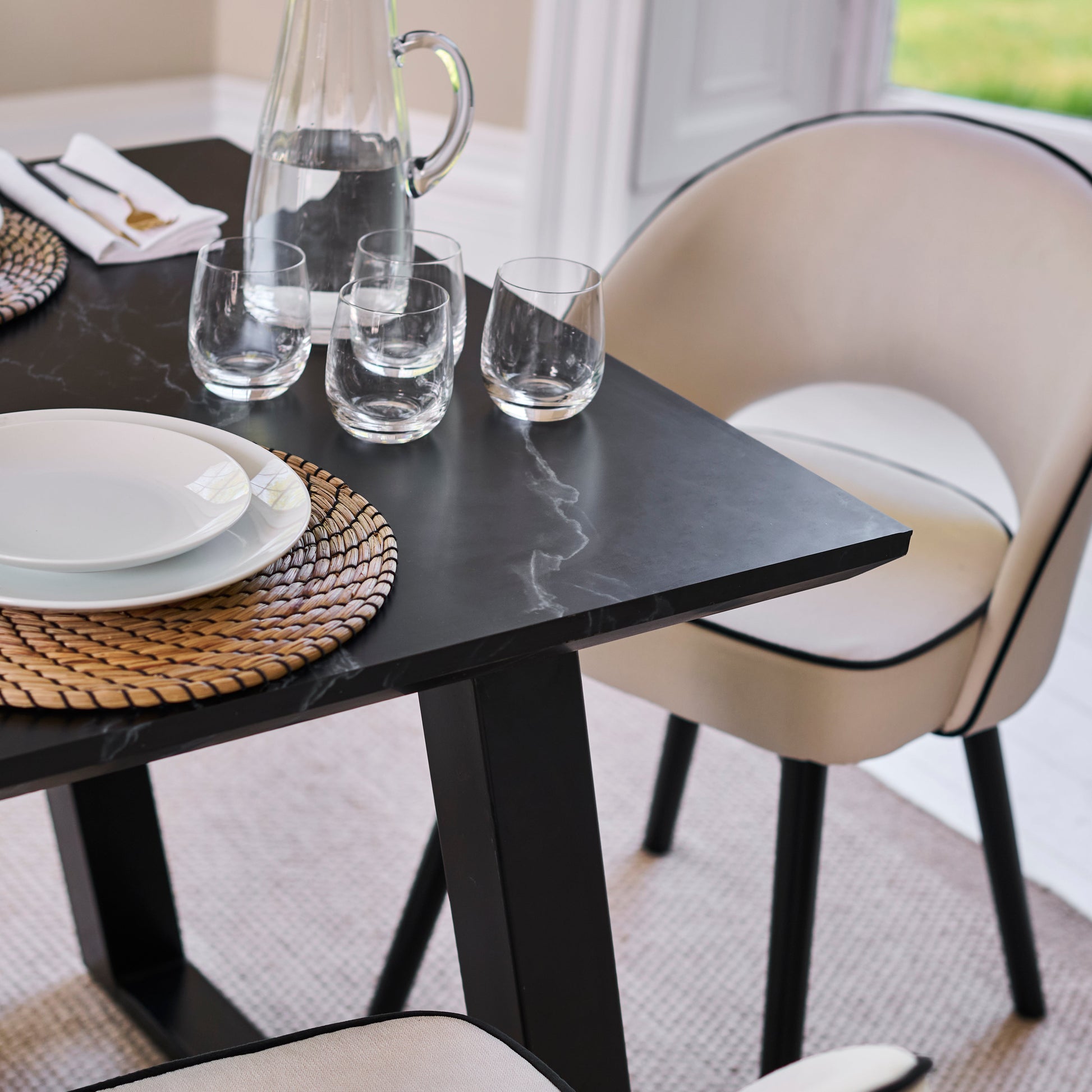 Atlas 160cm Black Marble Veneer Dining Table Set - 6 Seater - Marilyn Dining Chairs - Ivory - Black Piping & Black Legs - Laura James