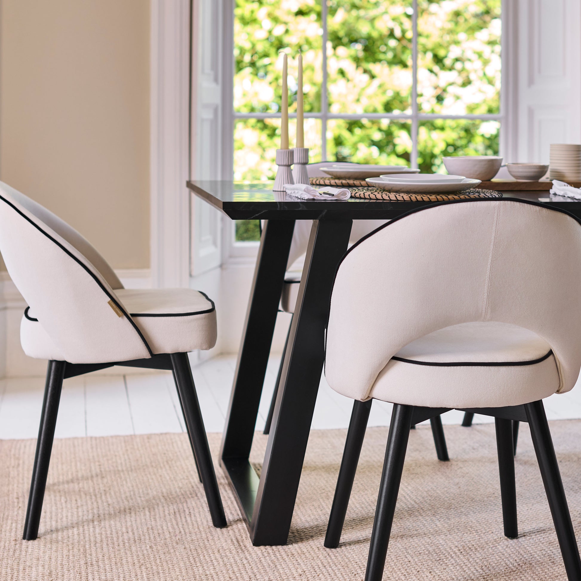 Atlas 160cm Black Marble Veneer Dining Table Set - 6 Seater - Marilyn Dining Chairs - Ivory - Black Piping & Black Legs - Laura James