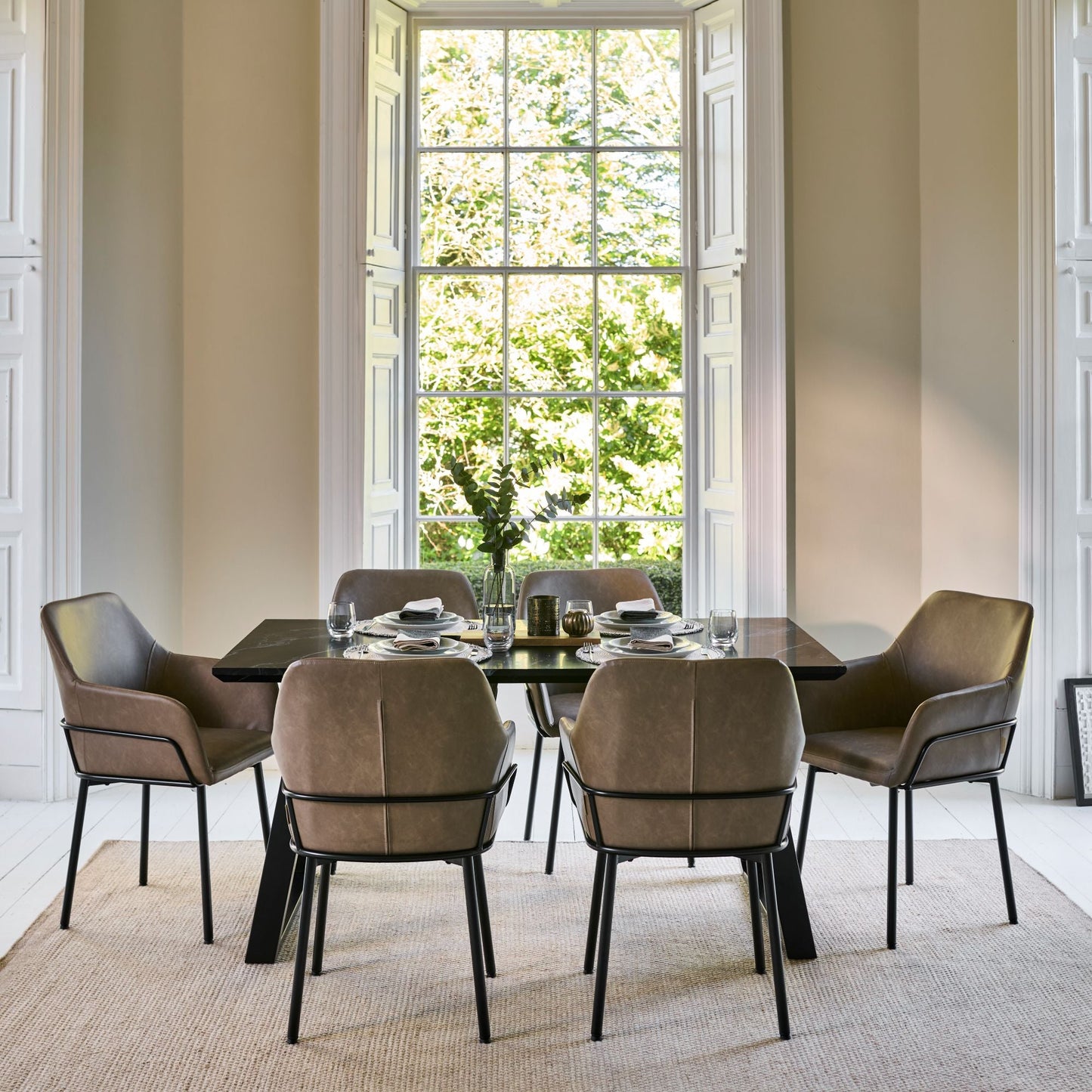 Atlas 160cm Black Marble Veneer Dining Table Set - 6 Seater - Reagan Dining Armchairs - Almond Brown - Laura James