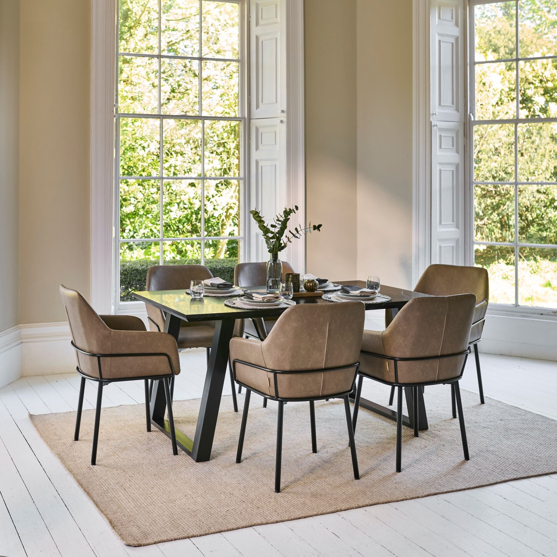 Atlas 160cm Black Marble Veneer Dining Table Set - 6 Seater - Reagan Dining Armchairs - Almond Brown - Laura James