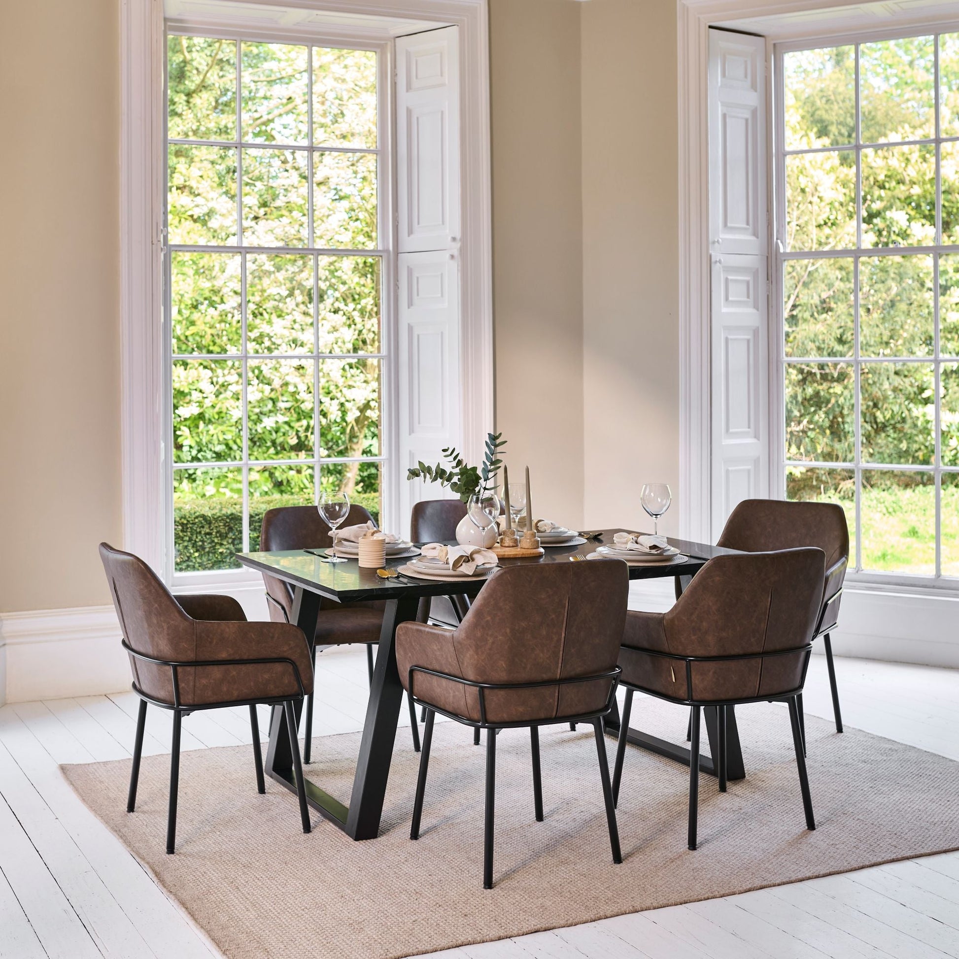 Atlas 160cm Black Marble Veneer Dining Table Set - 6 Seater - Reagan Dining Armchairs - Saddle Brown - Laura James