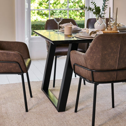 Atlas 160cm Black Marble Veneer Dining Table Set - 6 Seater - Reagan Dining Armchairs - Saddle Brown - Laura James