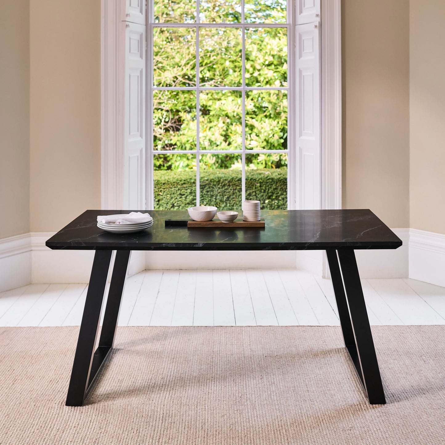 Atlas Black Marble Dining Table - Black Metal Legs - Laura James