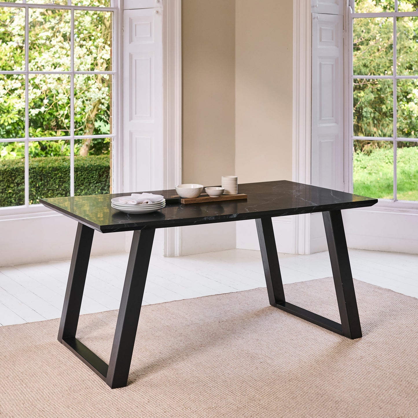 Atlas Black Marble Dining Table - Black Metal Legs - Laura James