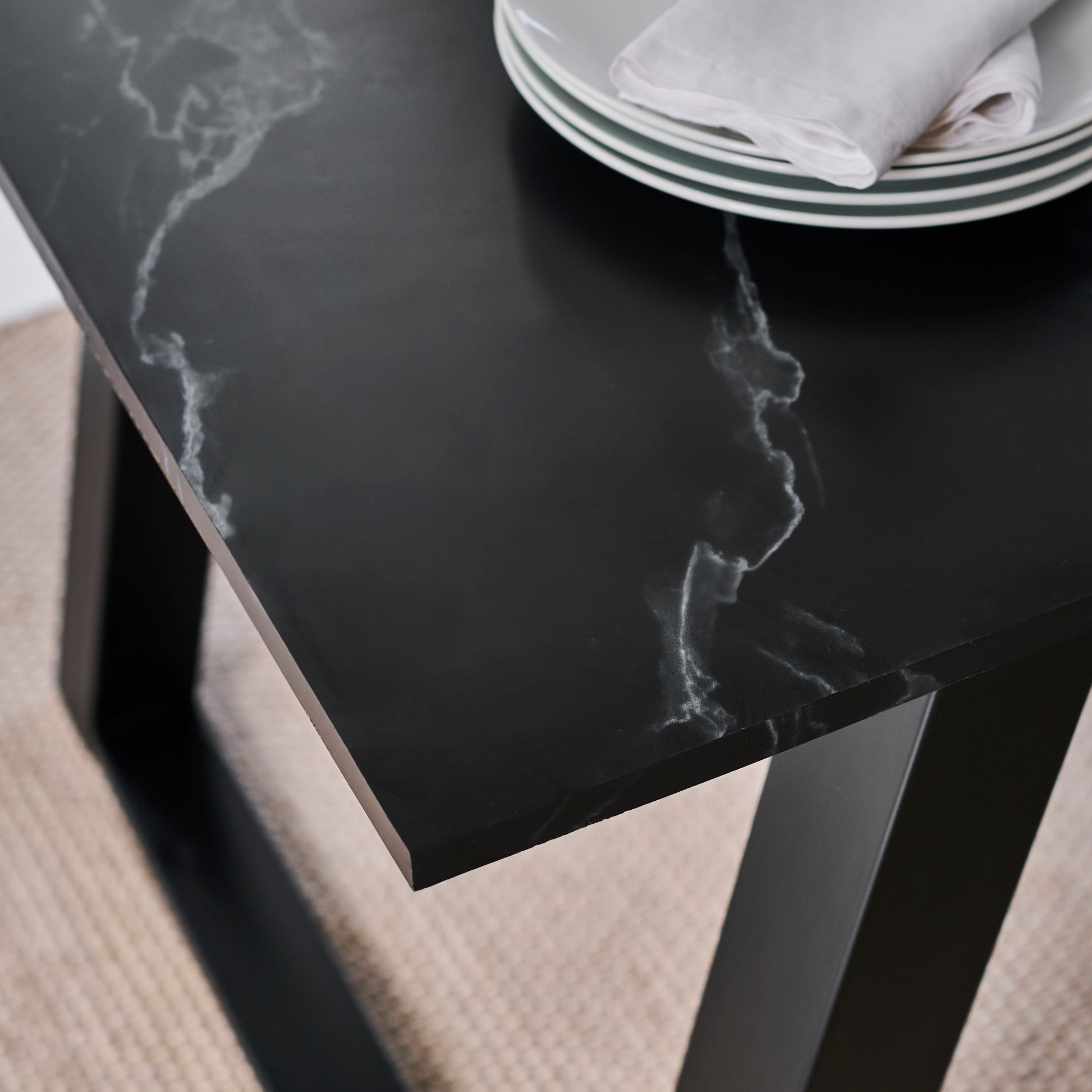 Atlas Black Marble Dining Table - Black Metal Legs - Laura James