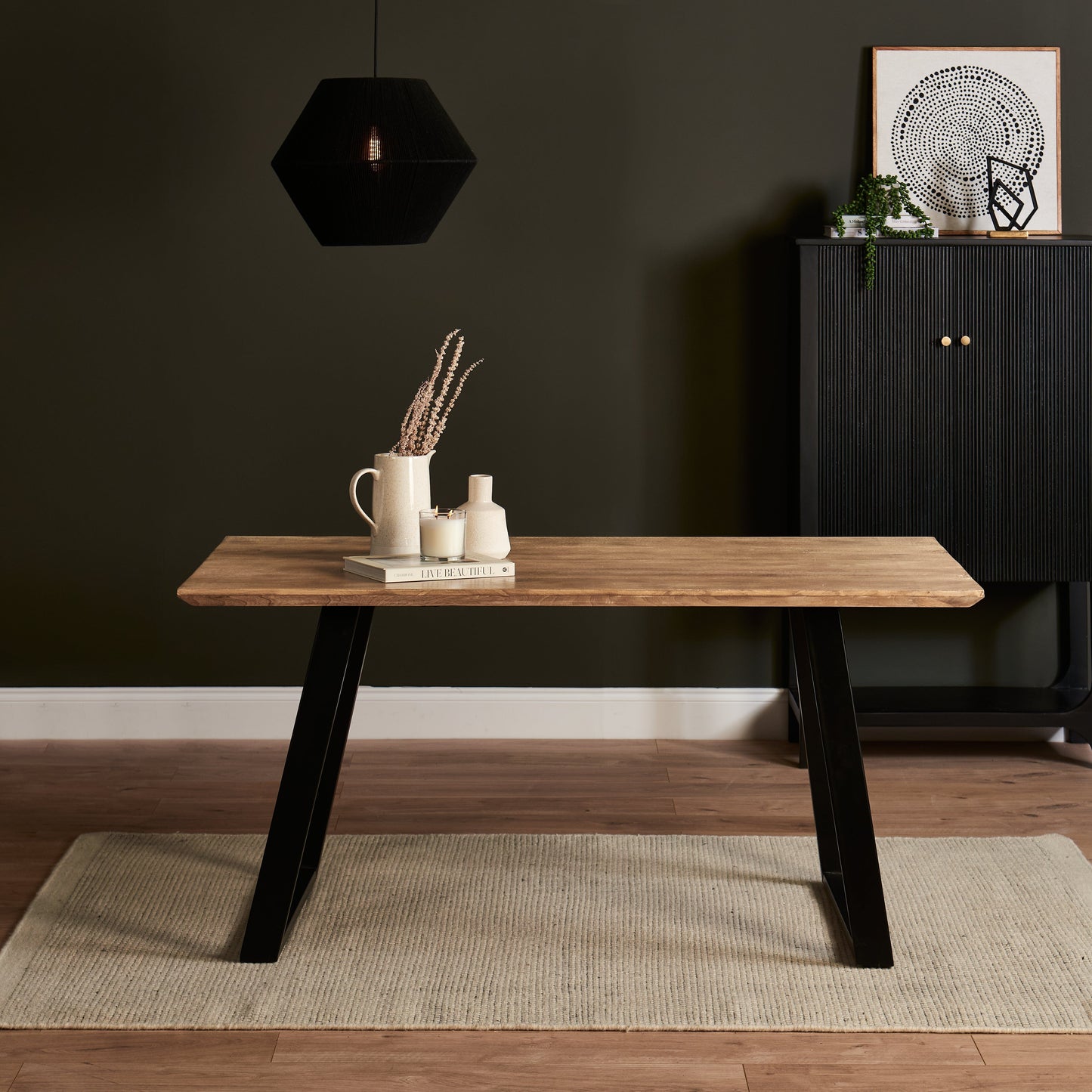 Atlas Chalked Mango Wood Dining Table - 6 Seater - Cleo Soft Beige Dining Chairs - Black Legs - LaurA james 