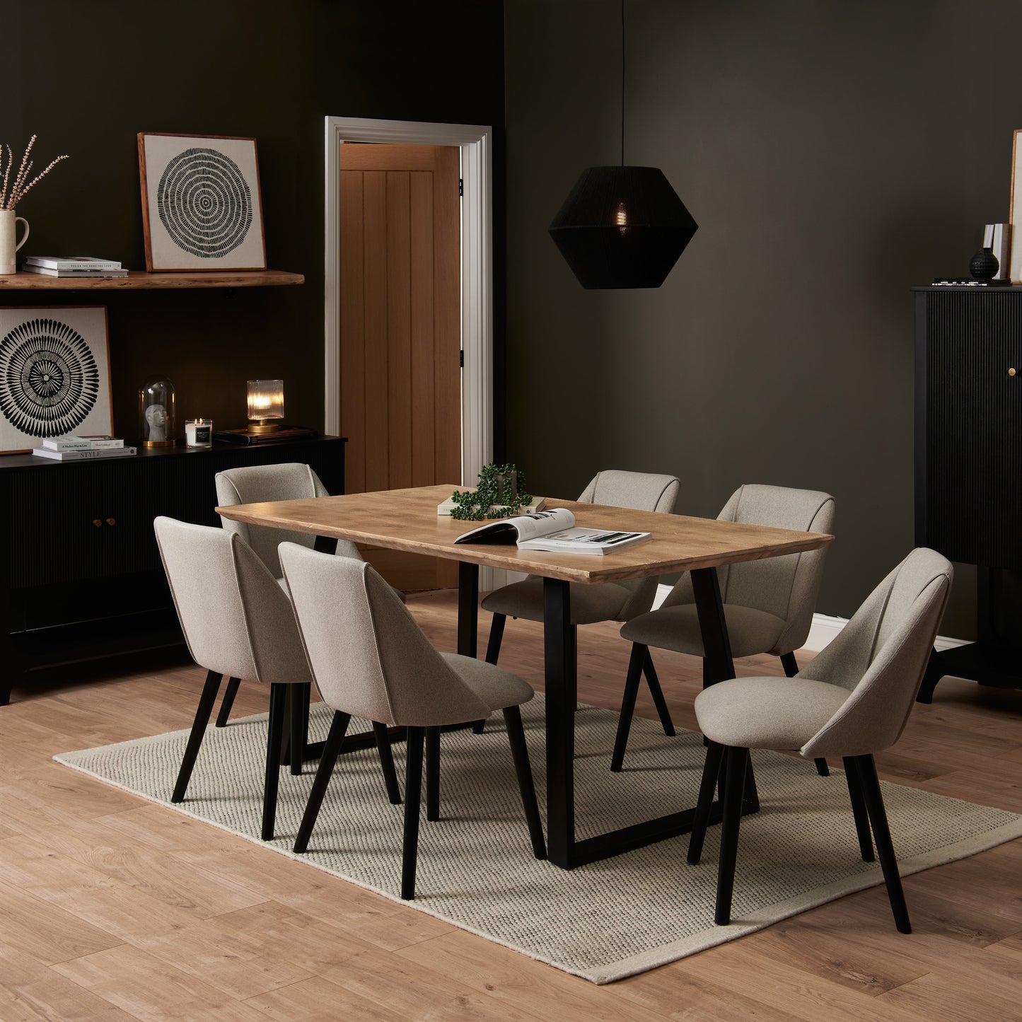 Atlas Chalked Mango Wood Dining Table Set -  6 Seater - Freya Sand Dining Chairs - Black Oak Legs