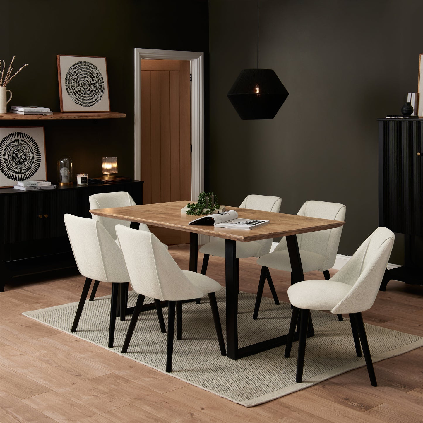 Atlas Chalked Mango Wood Dining Table Set -  6 Seater - Freya Ecru Boucle Dining Chairs - Black Oak Legs