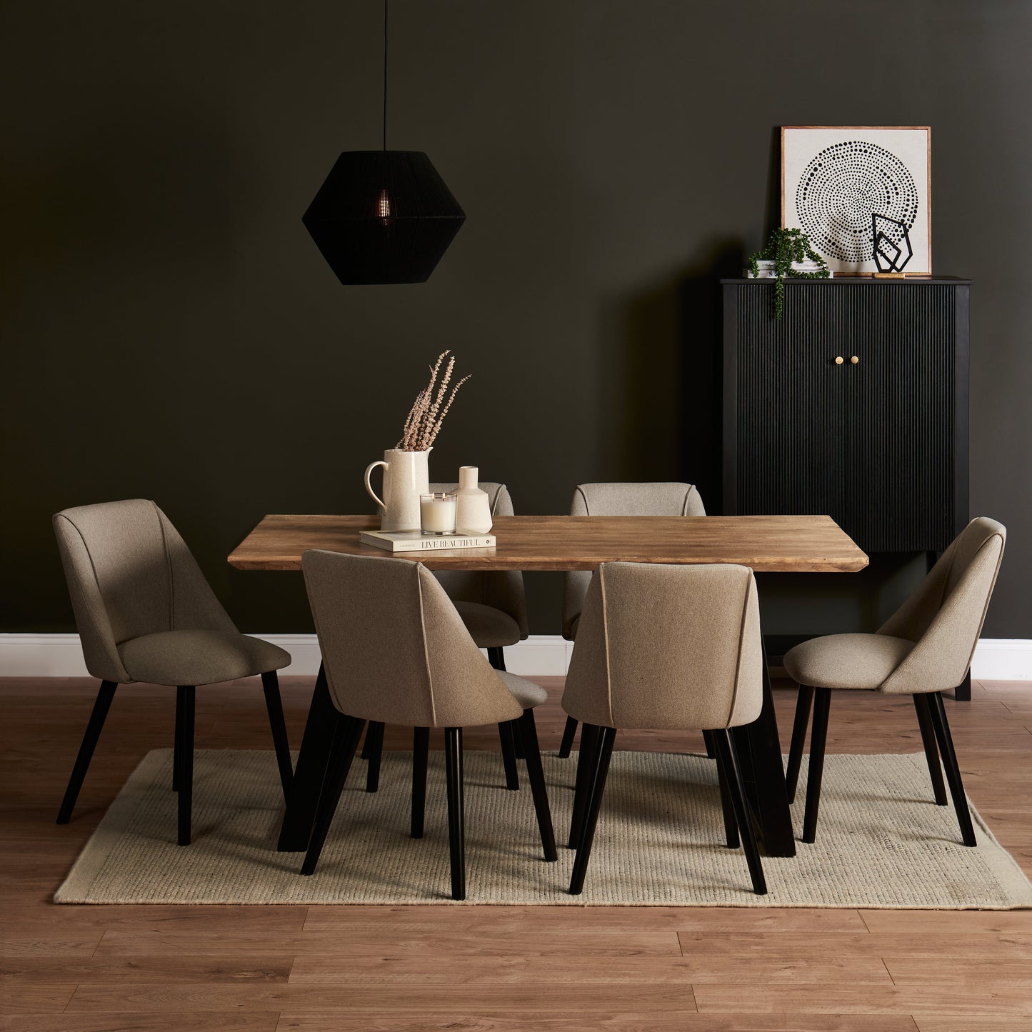 Atlas Chalked Mango Wood Dining Table Set -  6 Seater - Freya Sand Dining Chairs - Black Oak Legs