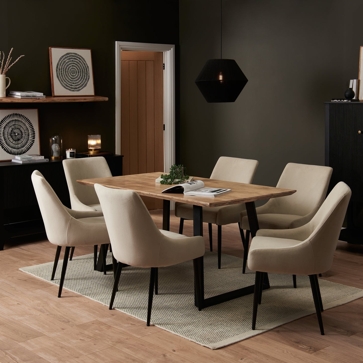 Atlas Chalked Mango Wood Dining Table Set -  6 Seater - Maeve Clay Dining Chairs - Black Oak Legs