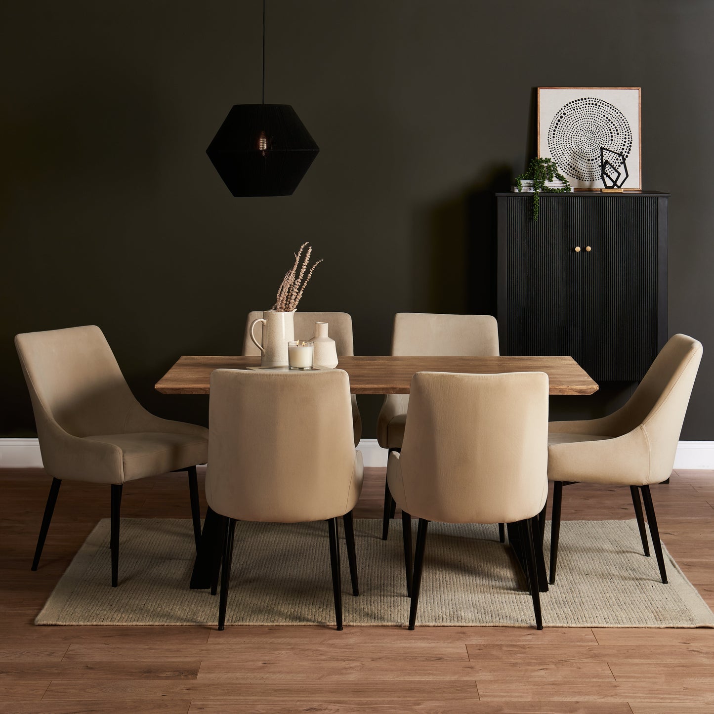 Atlas Chalked Mango Wood Dining Table Set -  6 Seater - Maeve Clay Dining Chairs - Black Oak Legs