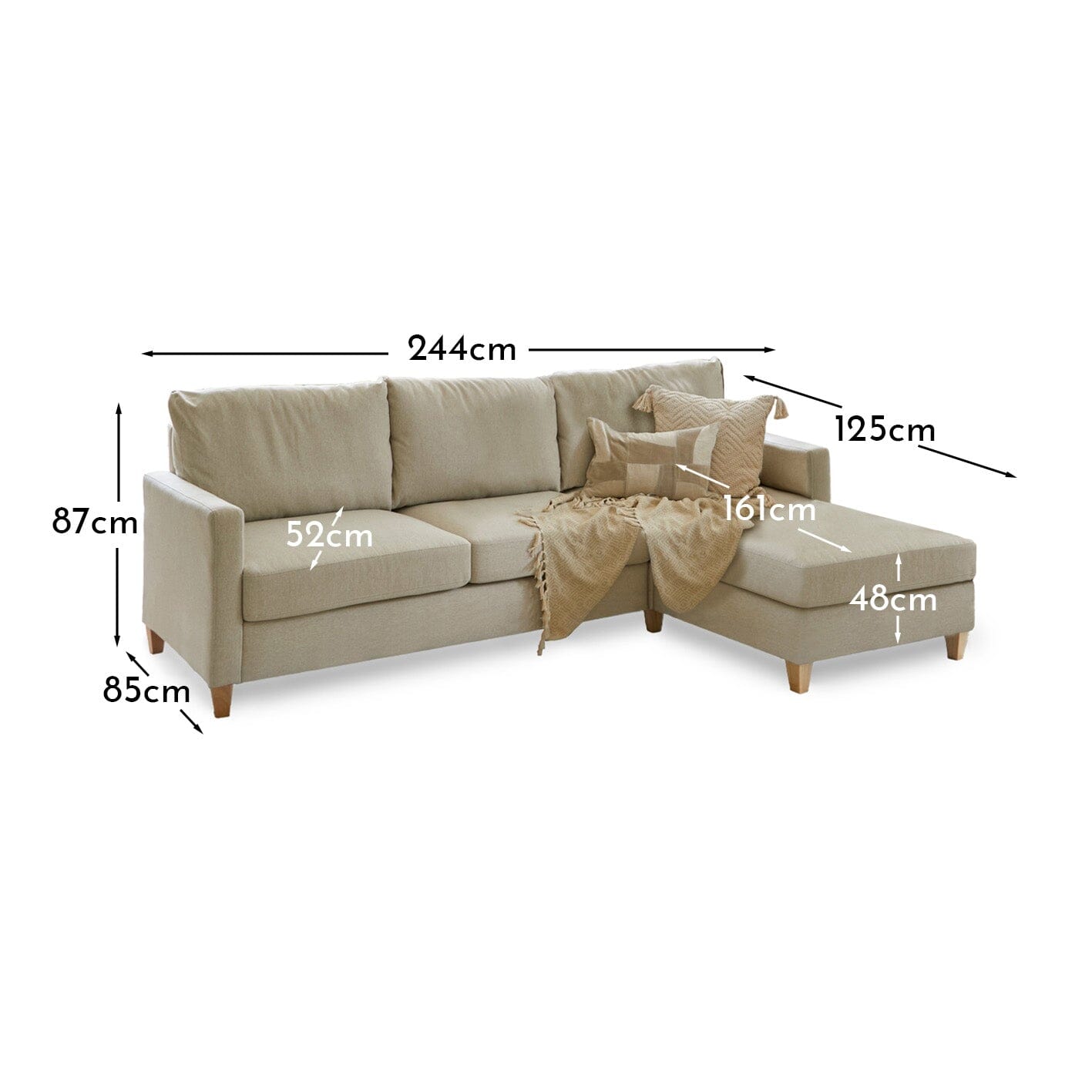 Ava Large Chaise Corner Sofa - Right Hand - Sand with Pale Oak Legs
- Laura James
