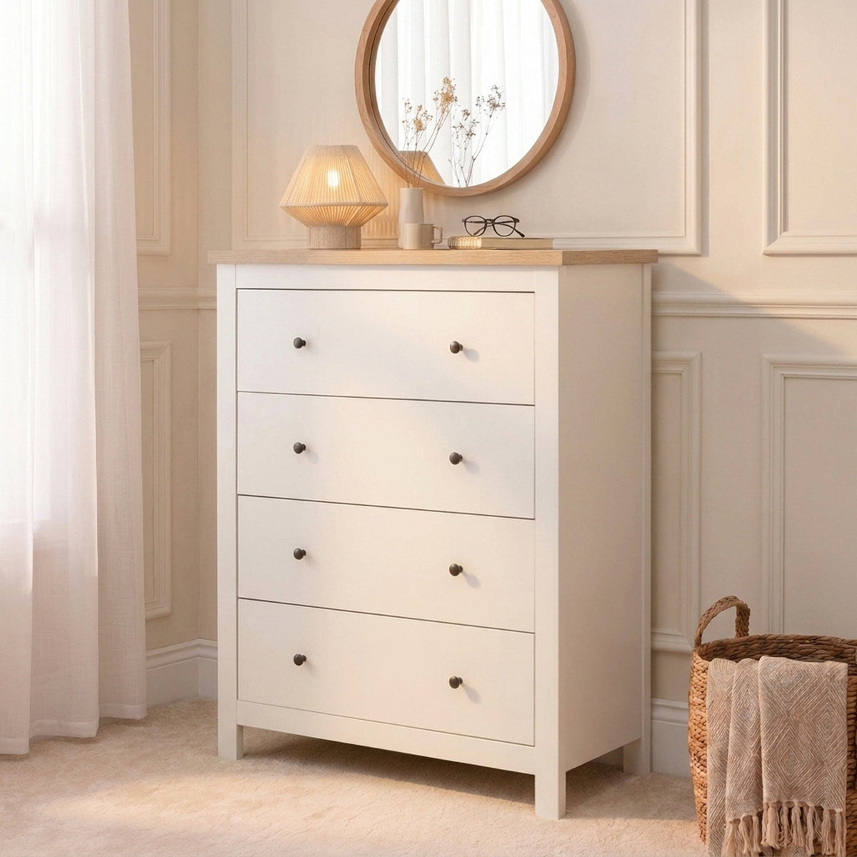 Bampton 4 Drawer Tall Chest of Drawers - Alabaster White - Laura James 