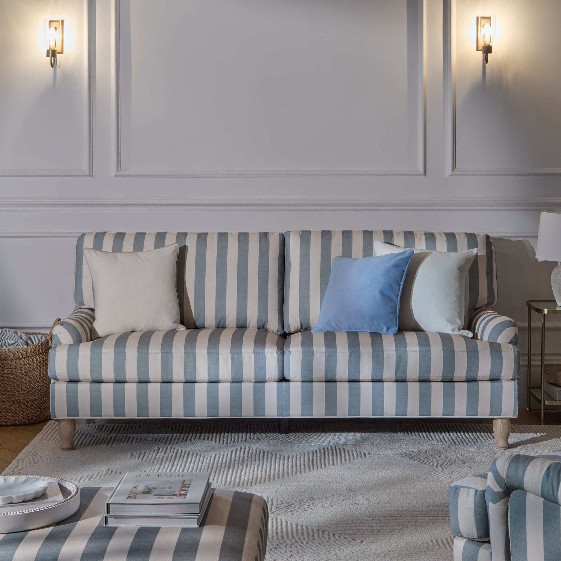 Brea Footstool - Blue Stripe with Whitewash Legs - Laura James - Laura James