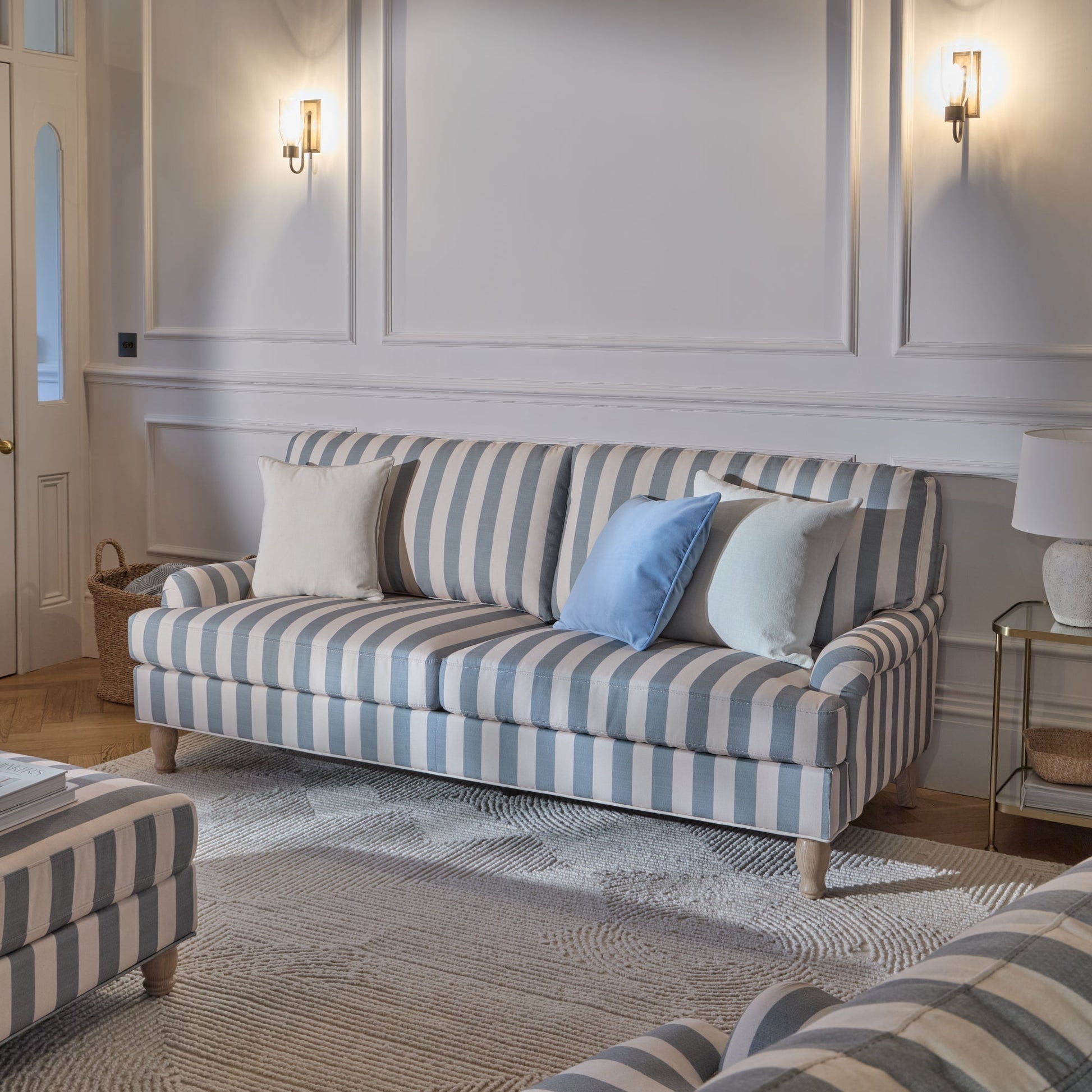 Brea Footstool - Blue Stripe with Whitewash Legs - Laura James - Laura James
