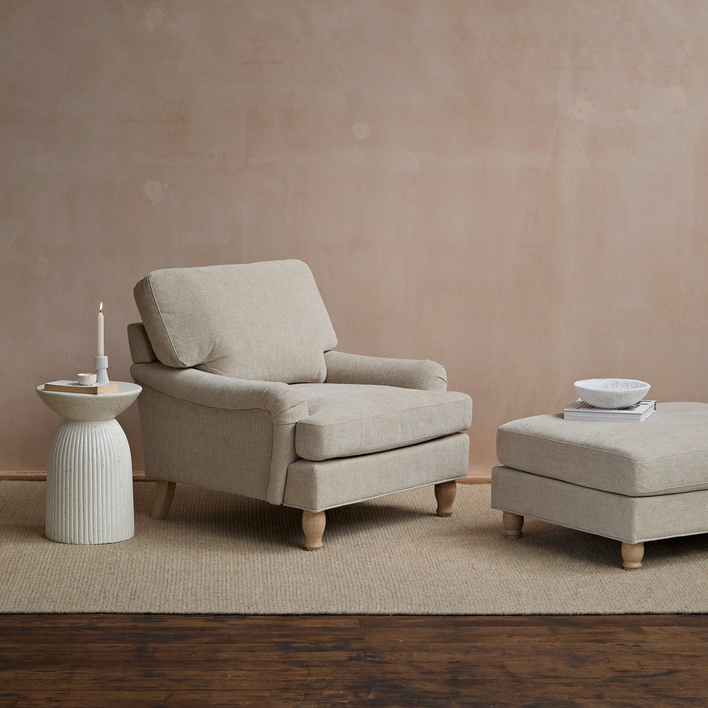 Brea Mink Taupe  Armchair - Whitewash Oak Legs - Laura James