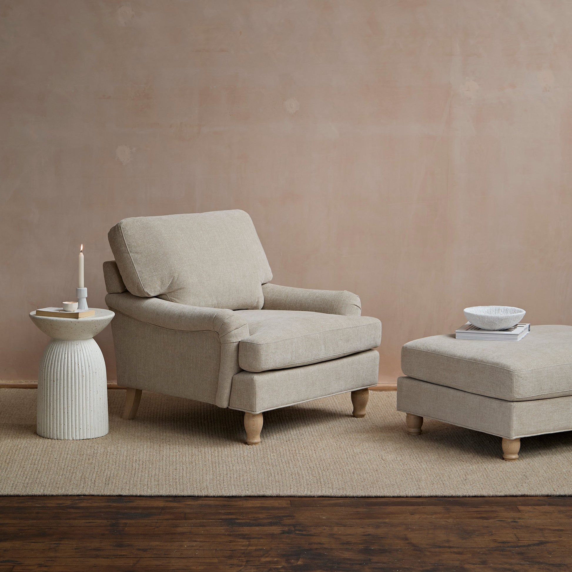 Brea Mink Taupe  Armchair - Whitewash Oak Legs - Laura James