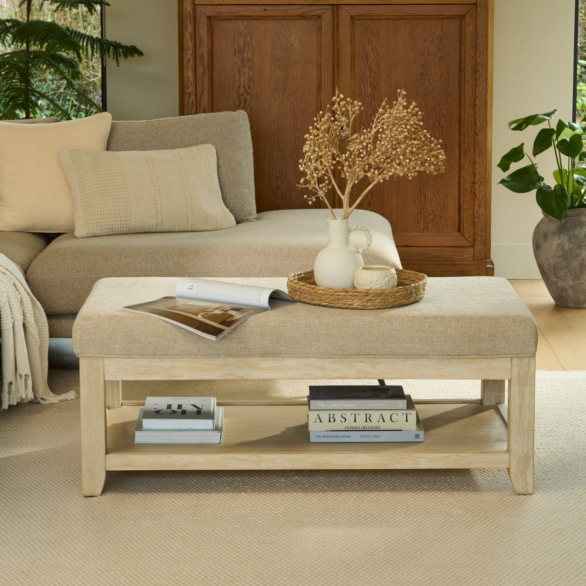 Breccan 110cm Footstool Coffee Table - Mink Taupe - Whitewash Oak Legs - Laura James