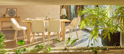 Carter Whitewash Rectangular Dining Table with 6 Freya Boucle Dining Chairs with Whitewash Legs - Laura James 