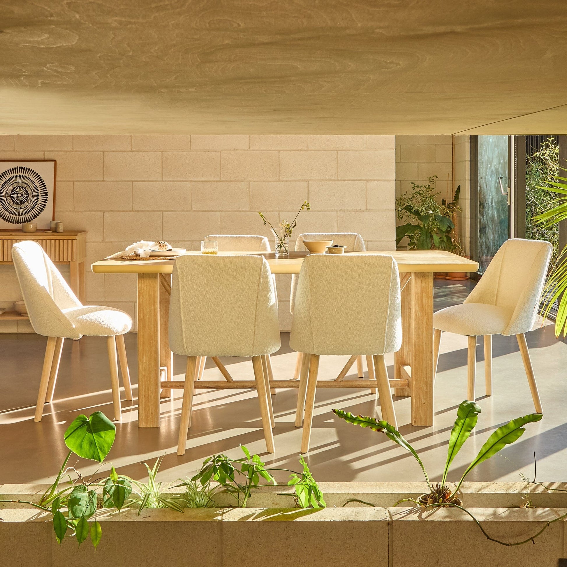 Carter Whitewash Rectangular Dining Table with 6 Freya Boucle Dining Chairs with Whitewash Legs - Laura James 