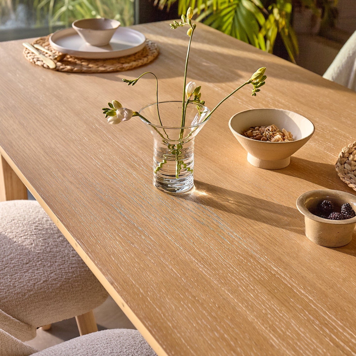 Carter Whitewash Rectangular Dining Table with 6 Freya Boucle Dining Chairs with Whitewash Legs - Laura James 