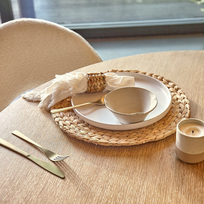 Carter Whitewash Round Dining Table with 4 marilyn Boucle Dining Chairs with Whitewash Legs - Laura James 