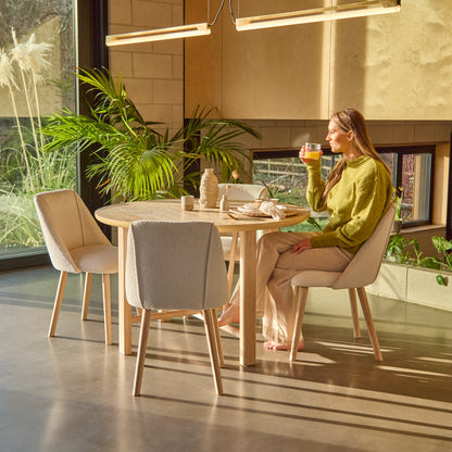 Carter Whitewash Round Dining Table with 4 Freya Boucle Dining Chairs with Whitewash Legs - Laura James 