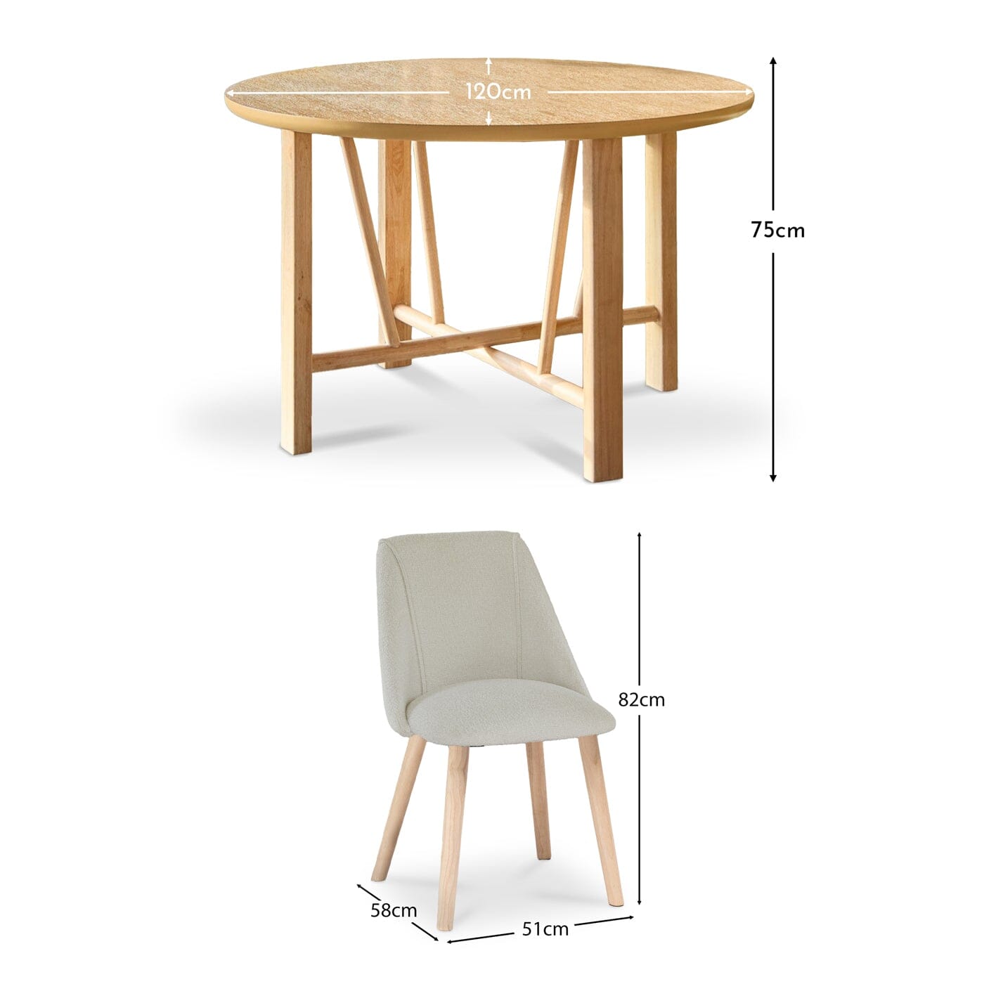 Carter Whitewash Round Dining Table with 4 Freya Boucle Dining Chairs with Whitewash Legs - Laura James 
