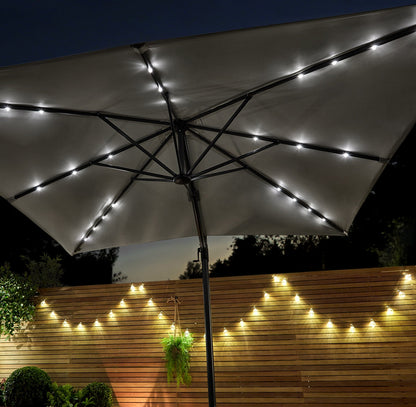 Wick rattan sofa set with grey LED premium parasol – natural