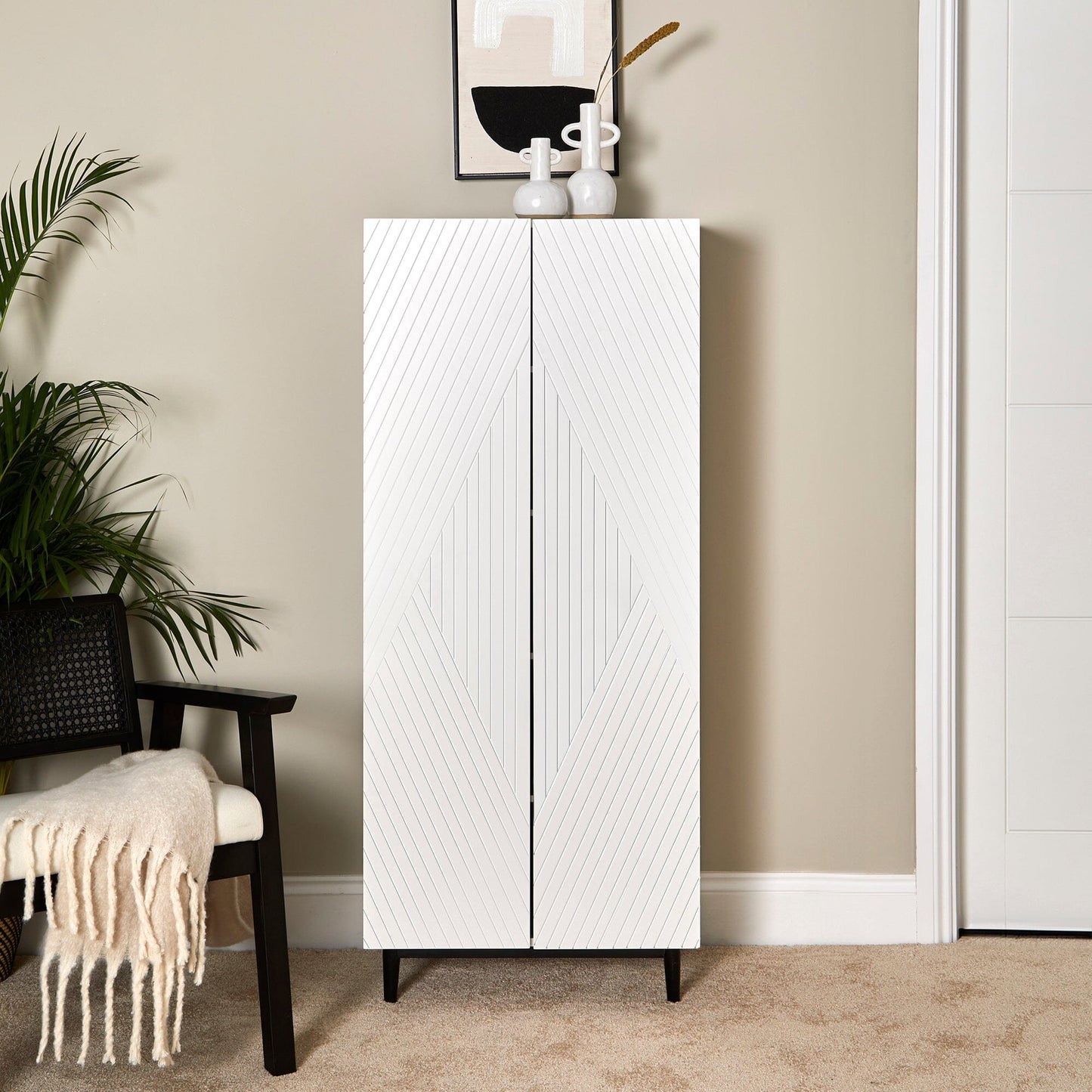 Jack Geometric Large Shoe Cabinet - 2 Door - White