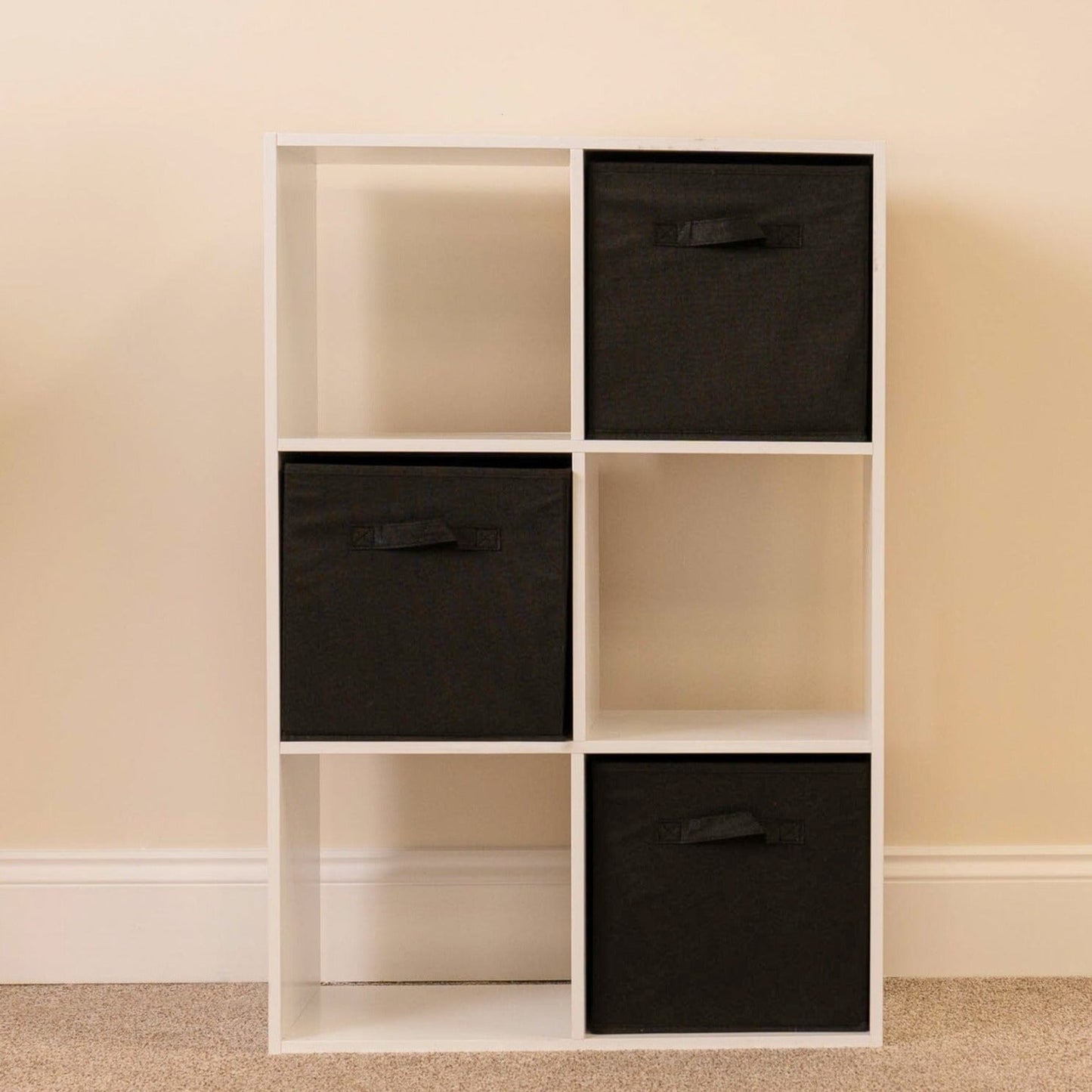 6 Cube White Bookcase Wooden Display Unit Shelving Storage Bookshelf Shelves (Black Basket)
