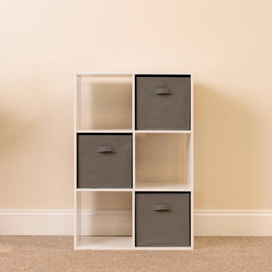 6 Cube White Bookcase Wooden Display Unit Shelving Storage Bookshelf Shelves (Grey Basket)