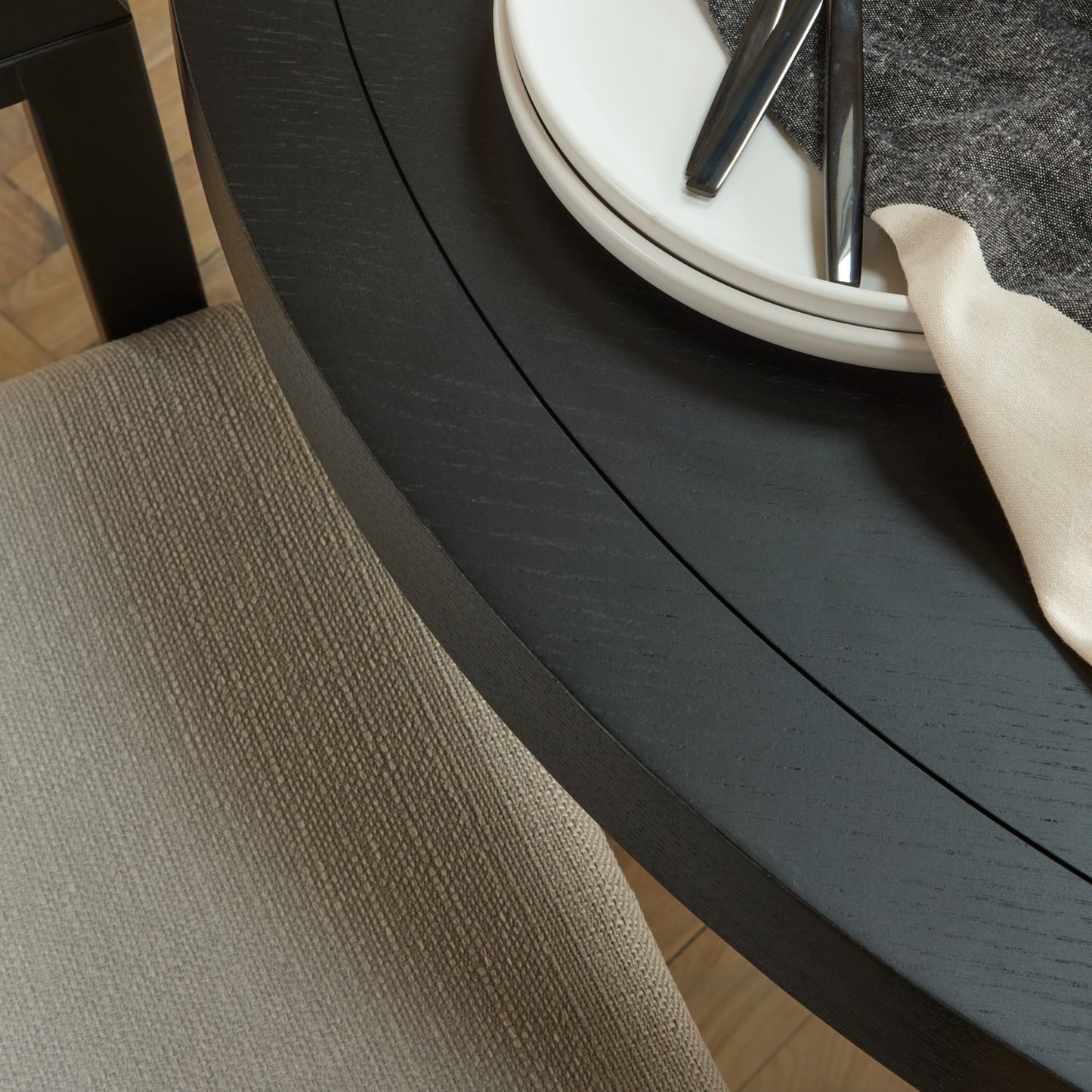 Charlotte Black Oak Round Dining Table Set - 4 Seater - Ella Black Oak Carver Chairs - Fawn Linen - Laura James