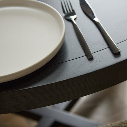 Charlotte Black Oak Round Dining Table Set - 4 Seater - Ella Black Oak Carver Chairs - Fawn Linen - Laura James