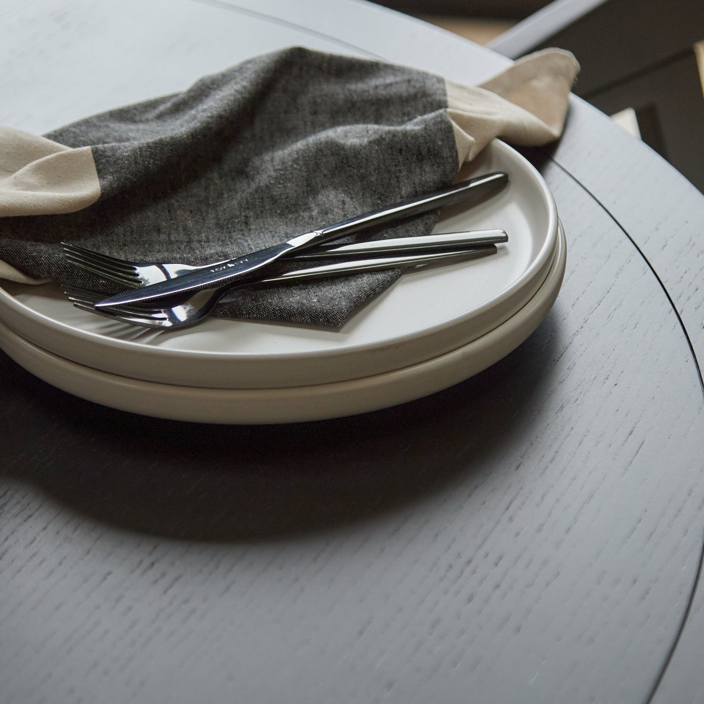 Charlotte Black Oak Round Dining Table Set - 4 Seater - Ella Black Oak Carver Chairs - Fawn Linen - Laura James