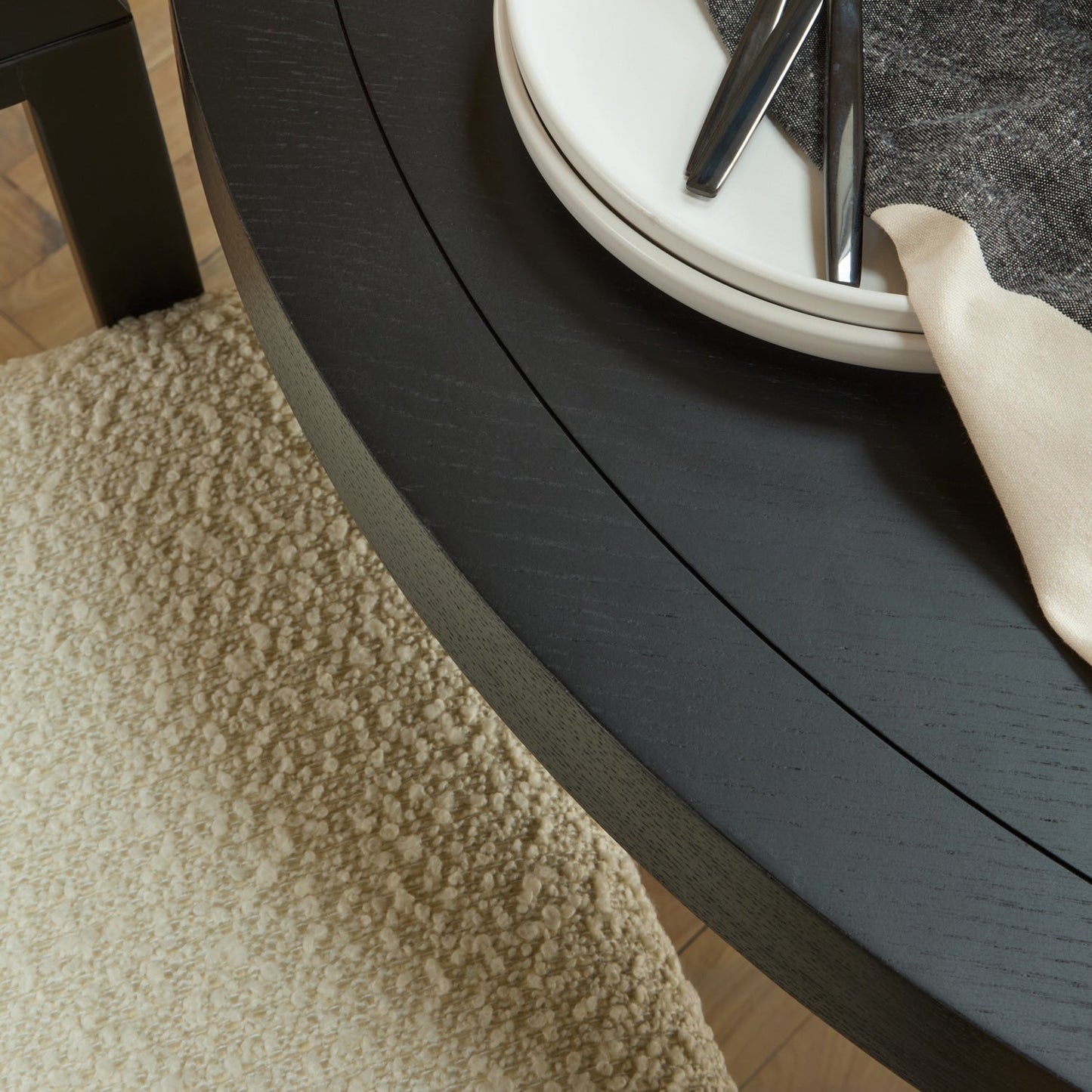 Charlotte Black Oak Round Dining Table Set - 4 Seater - Ella Black Oak Carver Chairs - Off White Boucle - Laura James