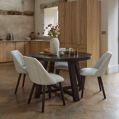 Charlotte Black Oak Round Dining Table Set - 4 Seater - Freya Oat Boucle Dining Chairs- Black Oak Legs - Laura James