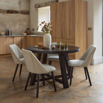 Charlotte Black Oak Round Dining Table Set - 4 Seater - Freya Sand Dining Chairs - Black Oak Legs - Laura James