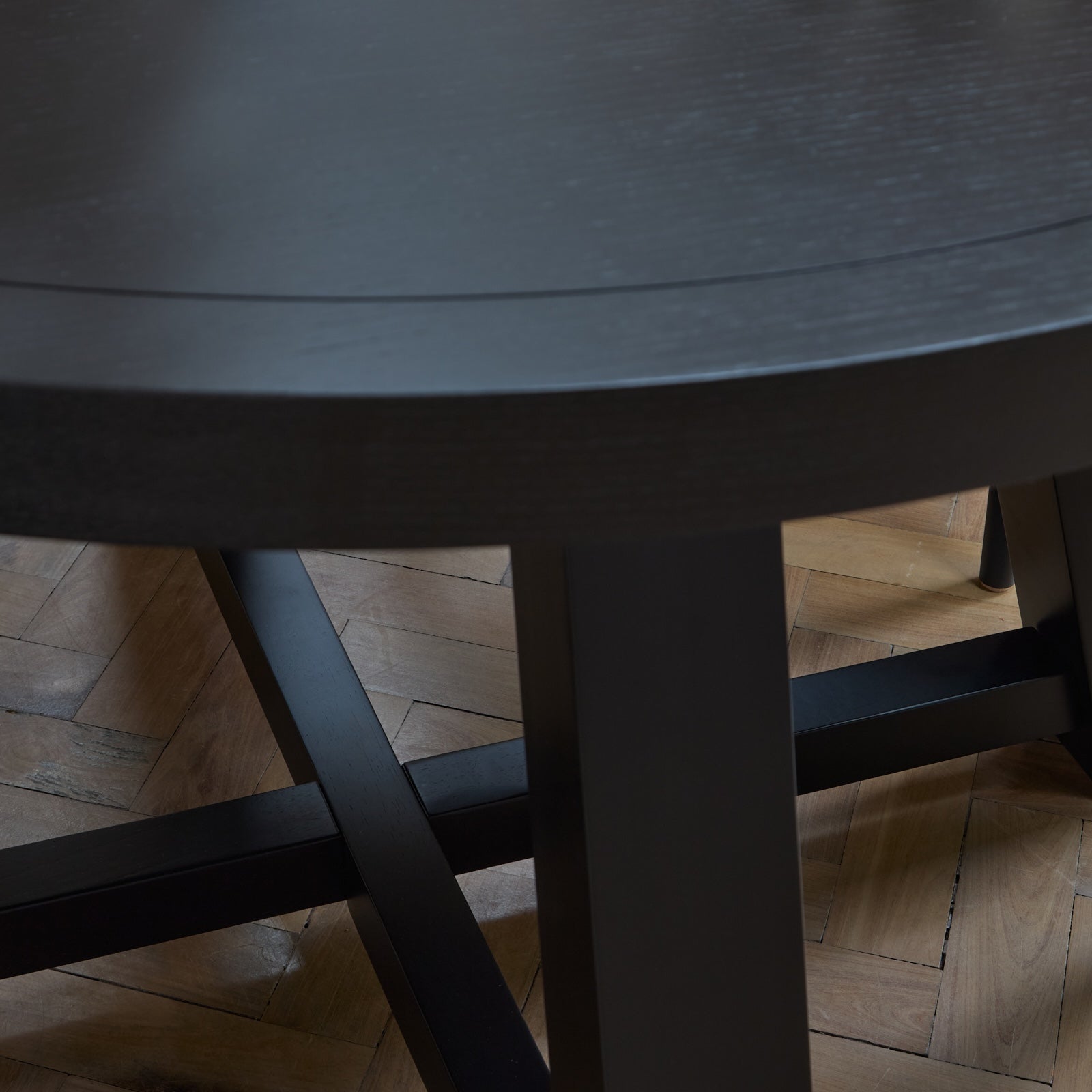 Charlotte Black Oak Round Dining Table Set - 4 Seater - Freya Sand Dining Chairs - Black Oak Legs - Laura James