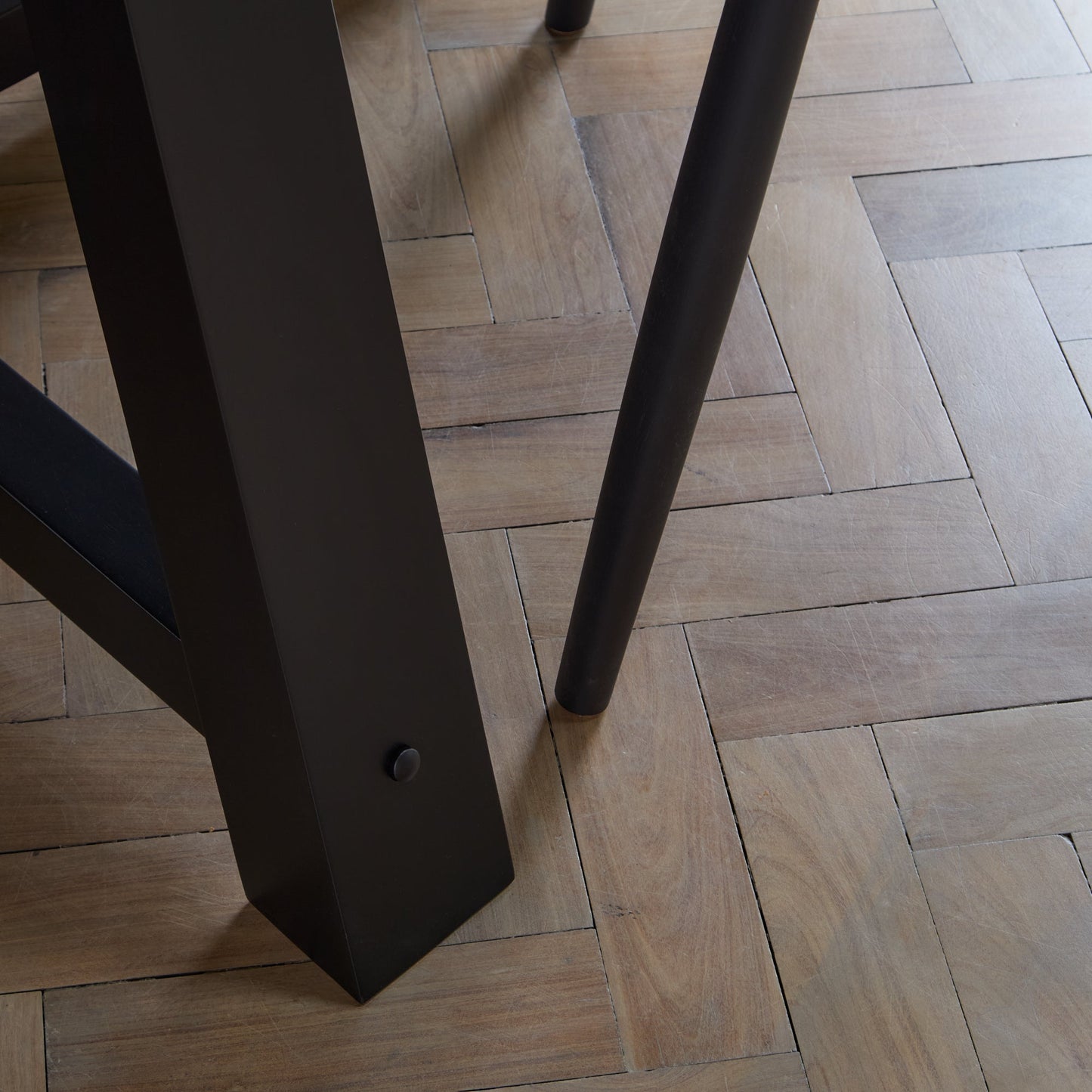 Charlotte Black Oak Round Dining Table Set - 4 Seater - Freya Sand Dining Chairs - Black Oak Legs - Laura James